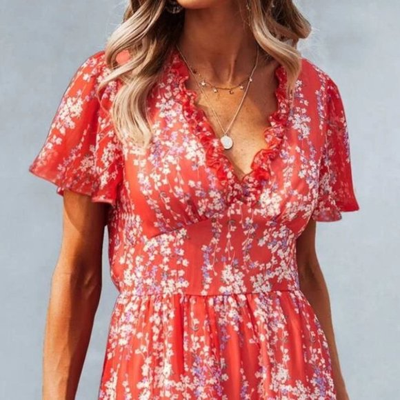 Red Cottagecore Boho Floral Print Frill Trim Dress - Picture 5 of 6